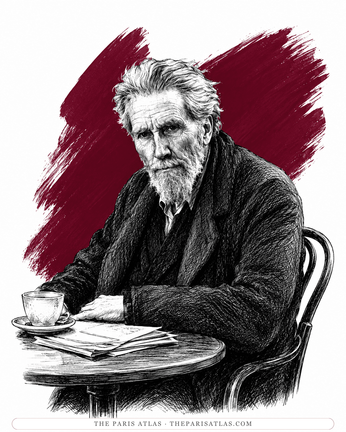 Illustration of an older, white-bearded Ezra Pound at a café table with coffee and papers