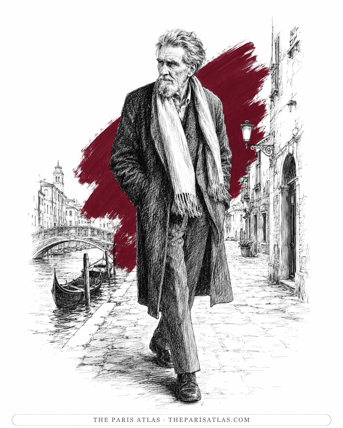 Illustration of an older Ezra Pound walking a Venice canal-side street, a gondola behind him