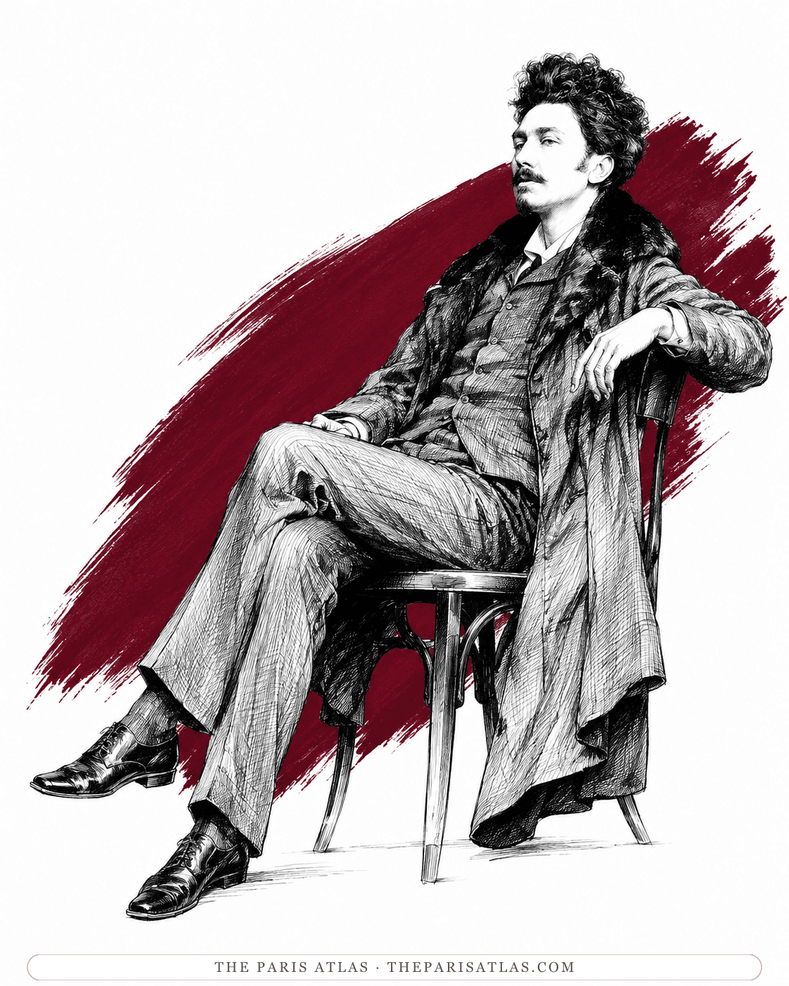 Illustration of Ezra Pound lounging on a bentwood café chair in a long coat
