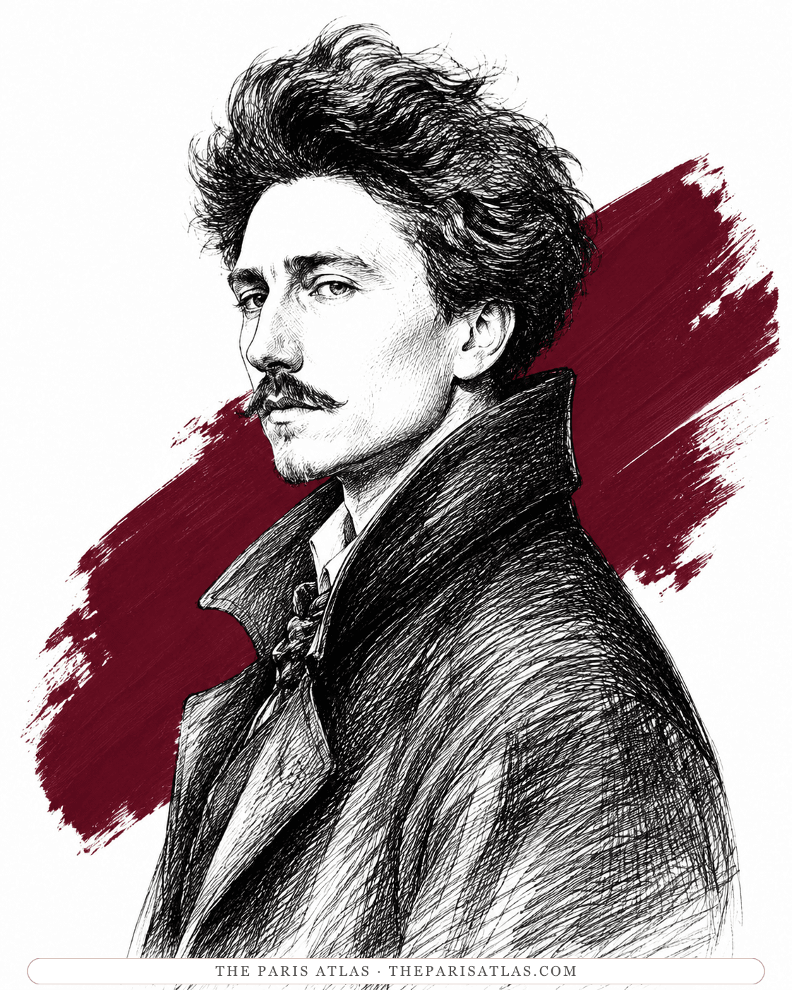 Illustration of a young Ezra Pound with a high wave of hair, goatee, and cravat