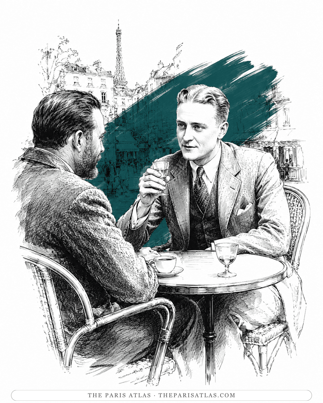 Illustration of F. Scott Fitzgerald in conversation at a Paris café, the Eiffel Tower behind