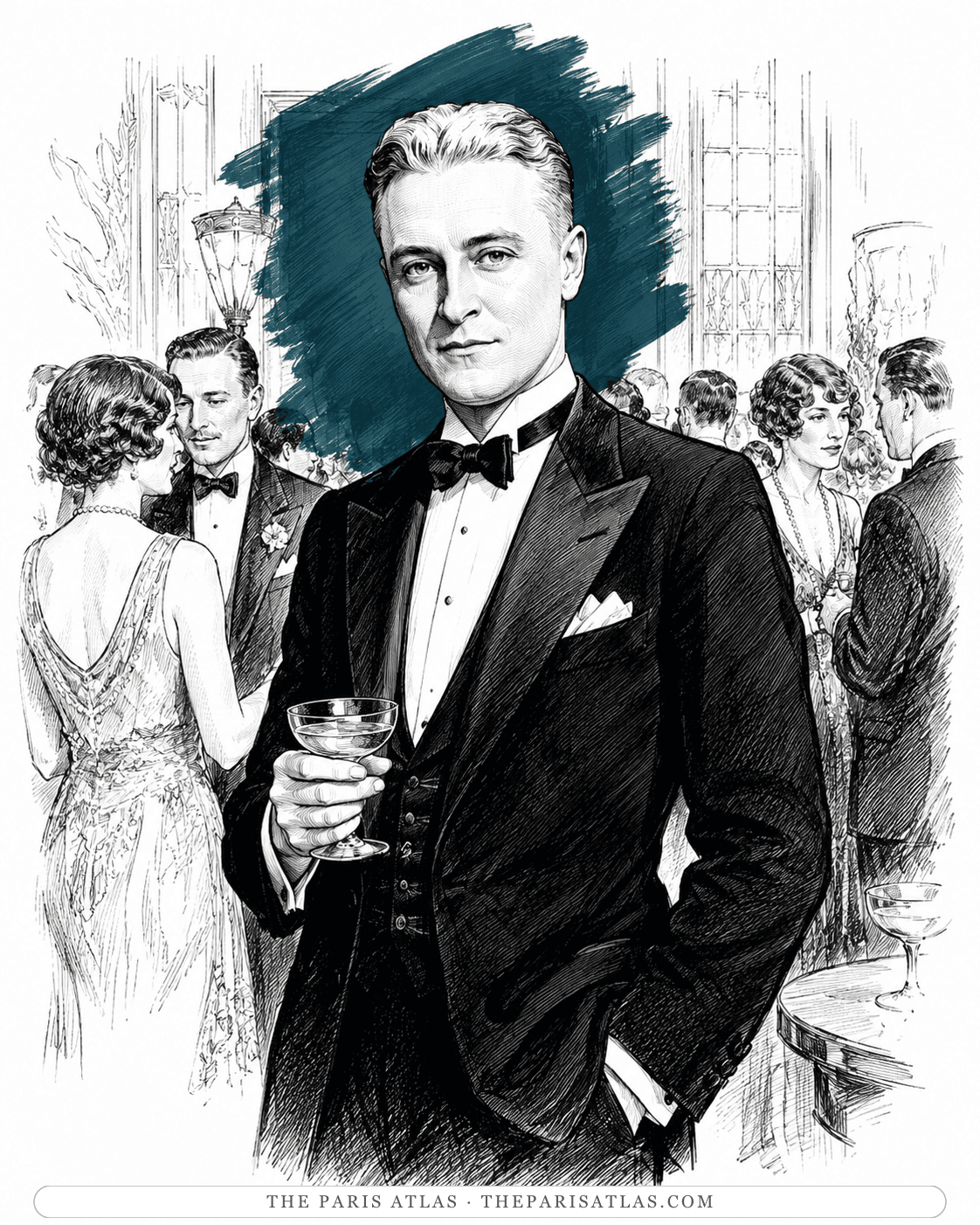 Illustration of F. Scott Fitzgerald in evening dress with a champagne coupe at a party