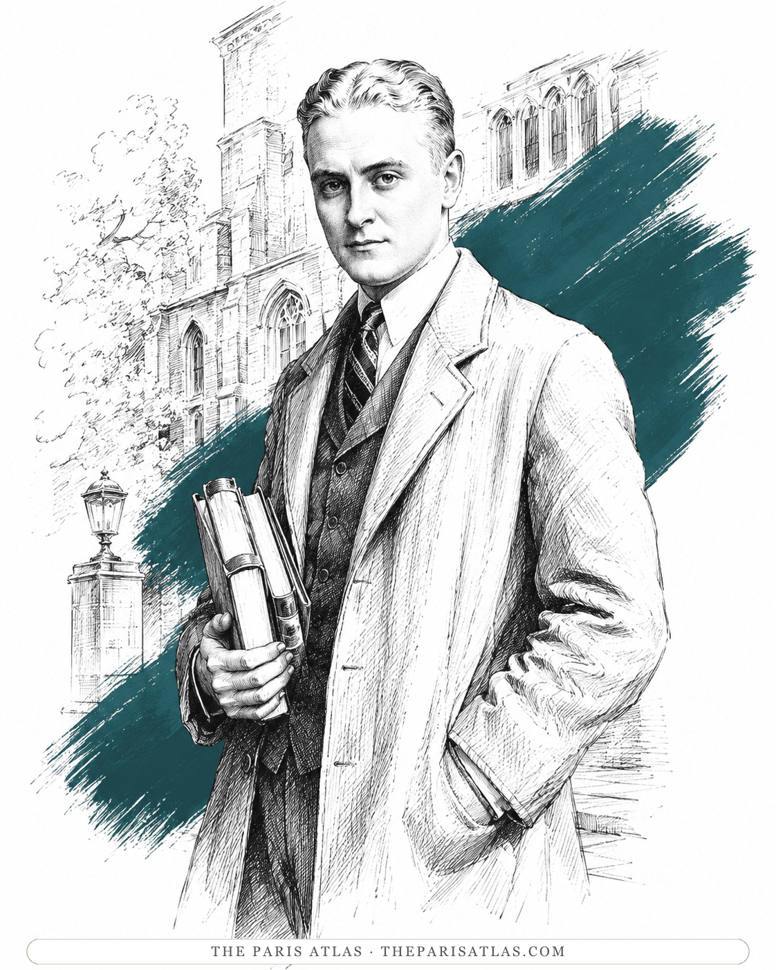 Illustration of a young F. Scott Fitzgerald holding books before a Gothic college building