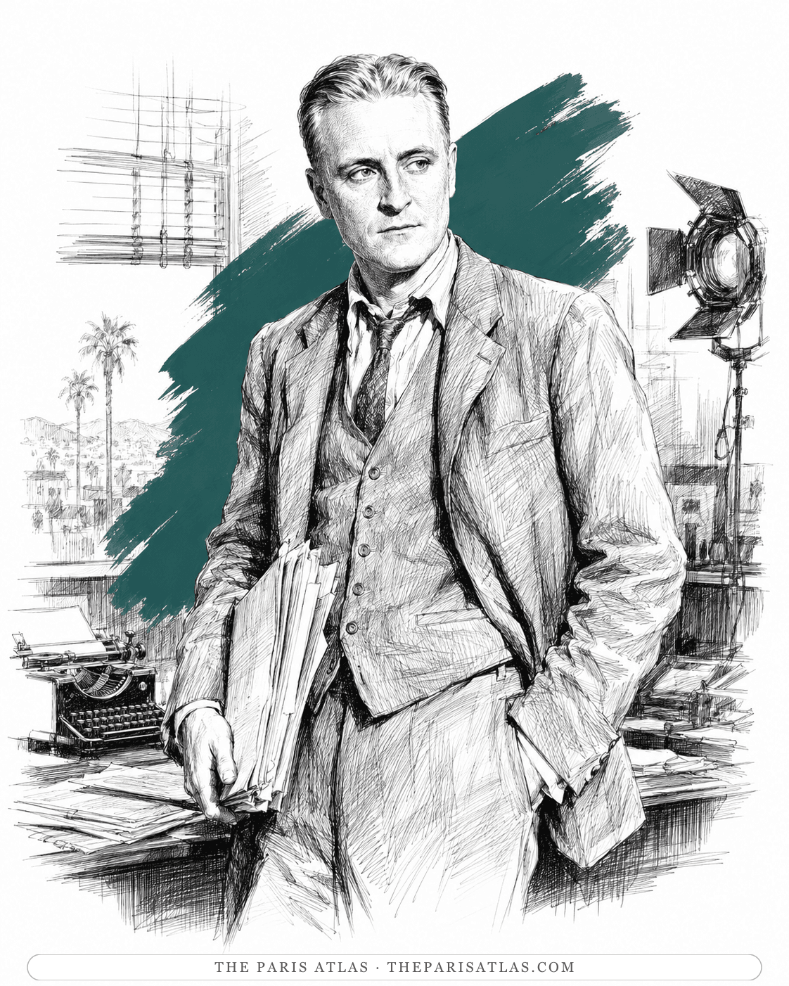 Illustration of an older F. Scott Fitzgerald holding a screenplay on a film set with palms behind