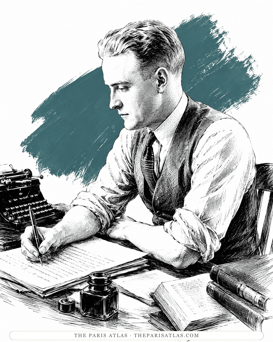 Illustration of F. Scott Fitzgerald writing at a desk beside a typewriter