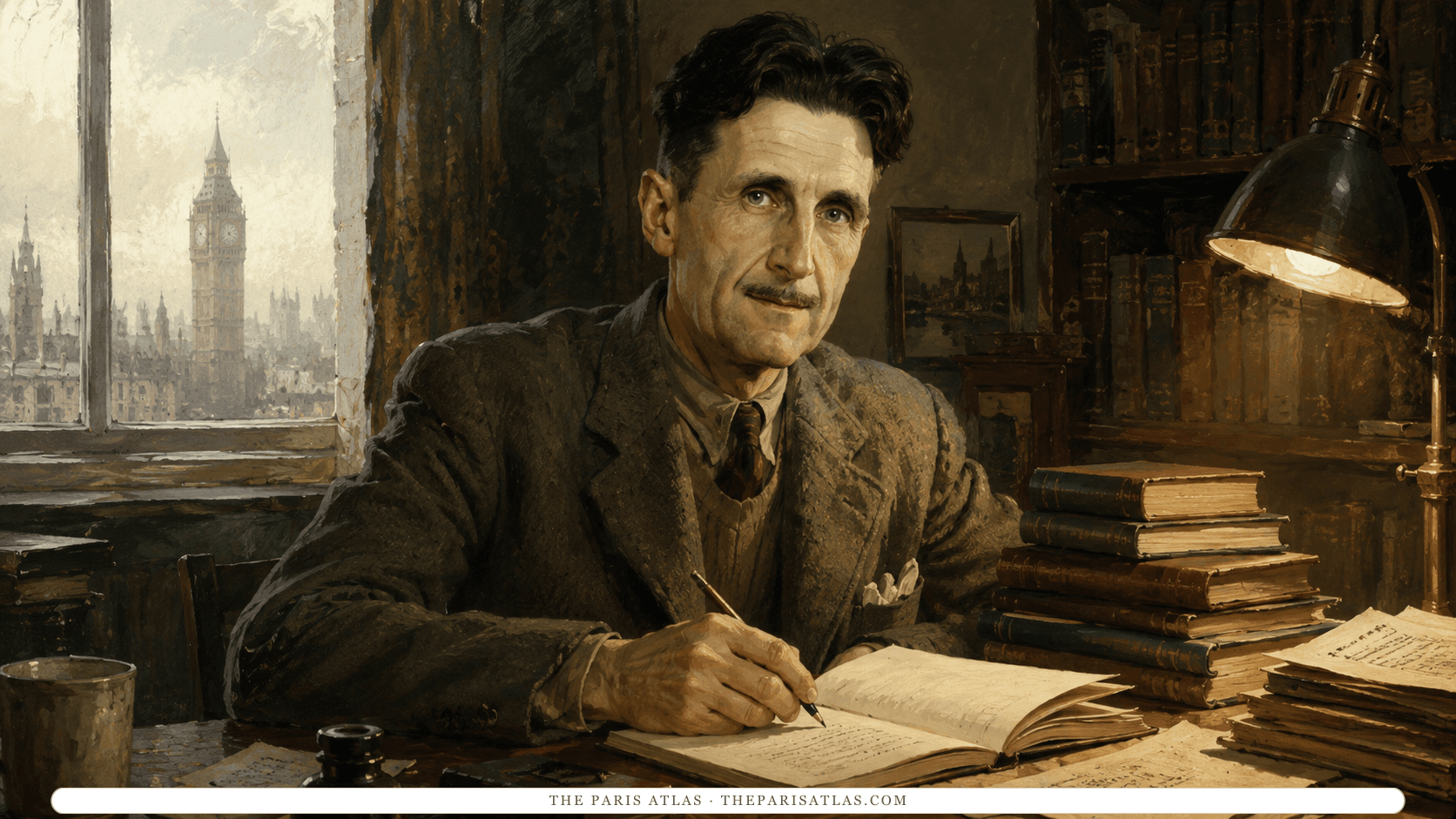 Illustration of George Orwell writing in a notebook at a desk, an oil lamp beside him and Big Ben visible through the window.