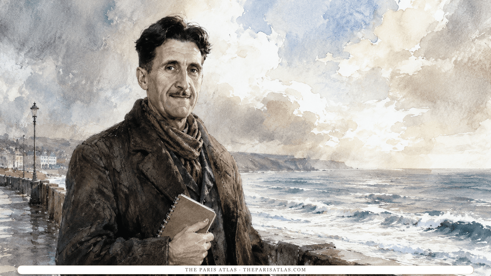 Illustration of George Orwell on a seafront promenade in a heavy coat and scarf, a notebook under his arm and waves breaking below.