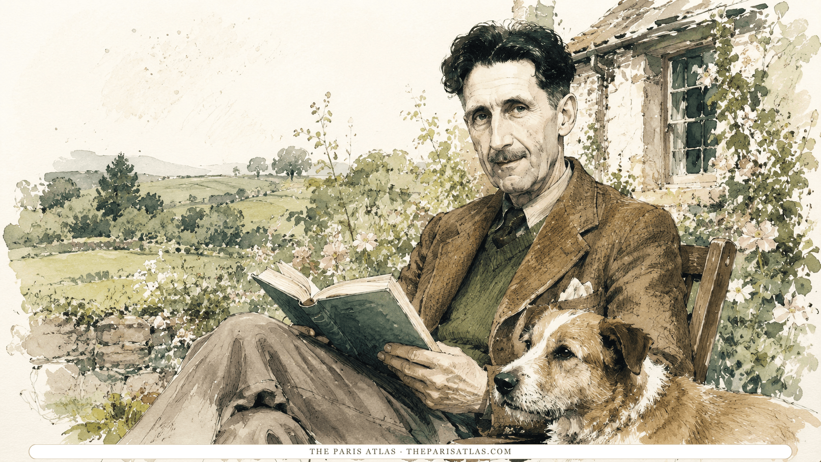 Illustration of George Orwell reading in a garden chair beside a cottage, a terrier resting against his knee and open country behind.
