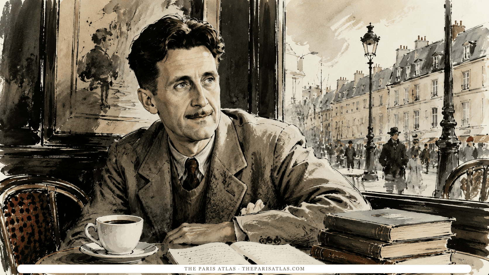 Illustration of George Orwell at a Paris café table with a coffee and an open notebook, the street and a lamp post through the window.