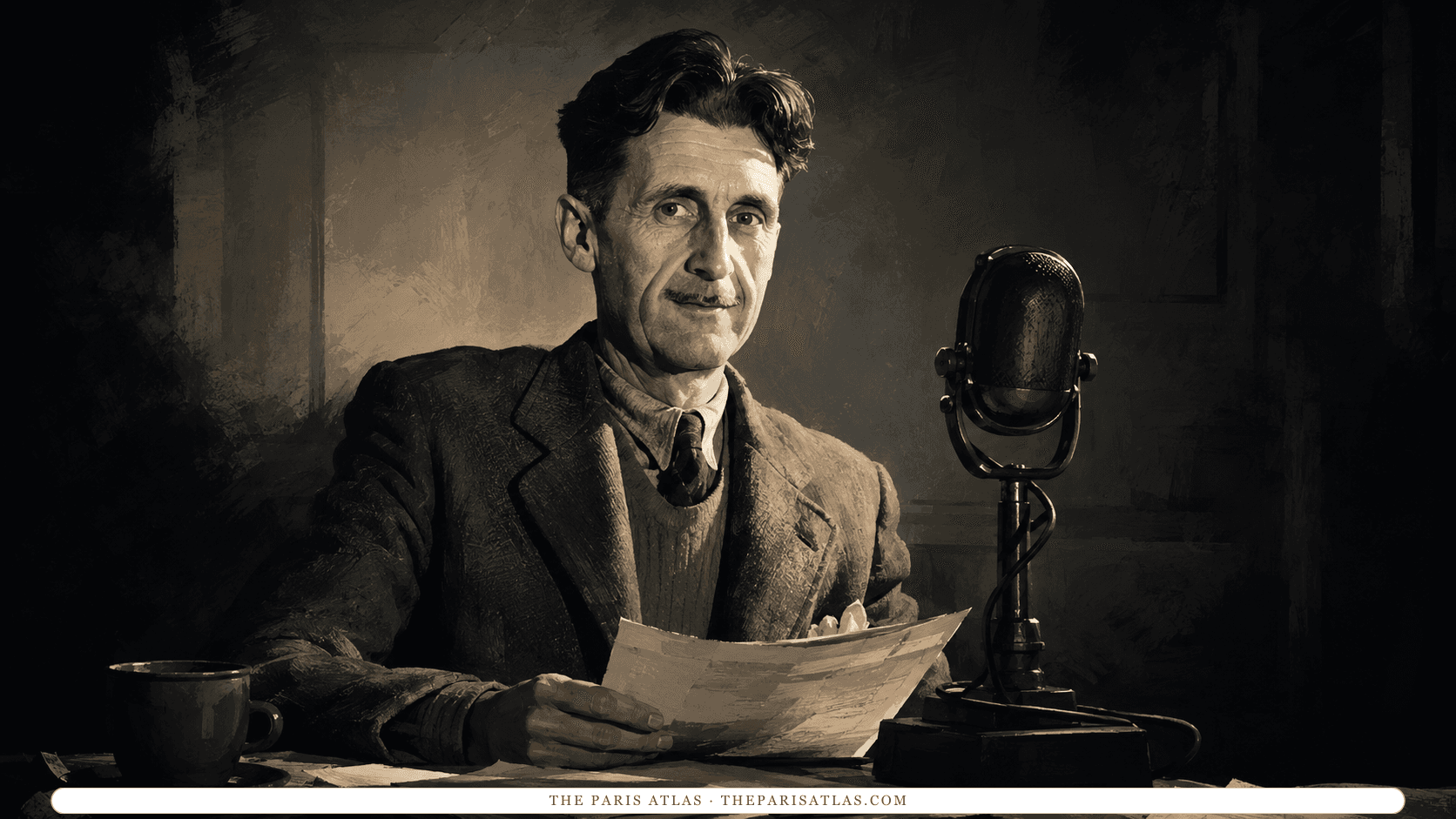 Illustration of George Orwell at a broadcasting microphone, holding a script, a cup on the table beside him in a darkened studio.