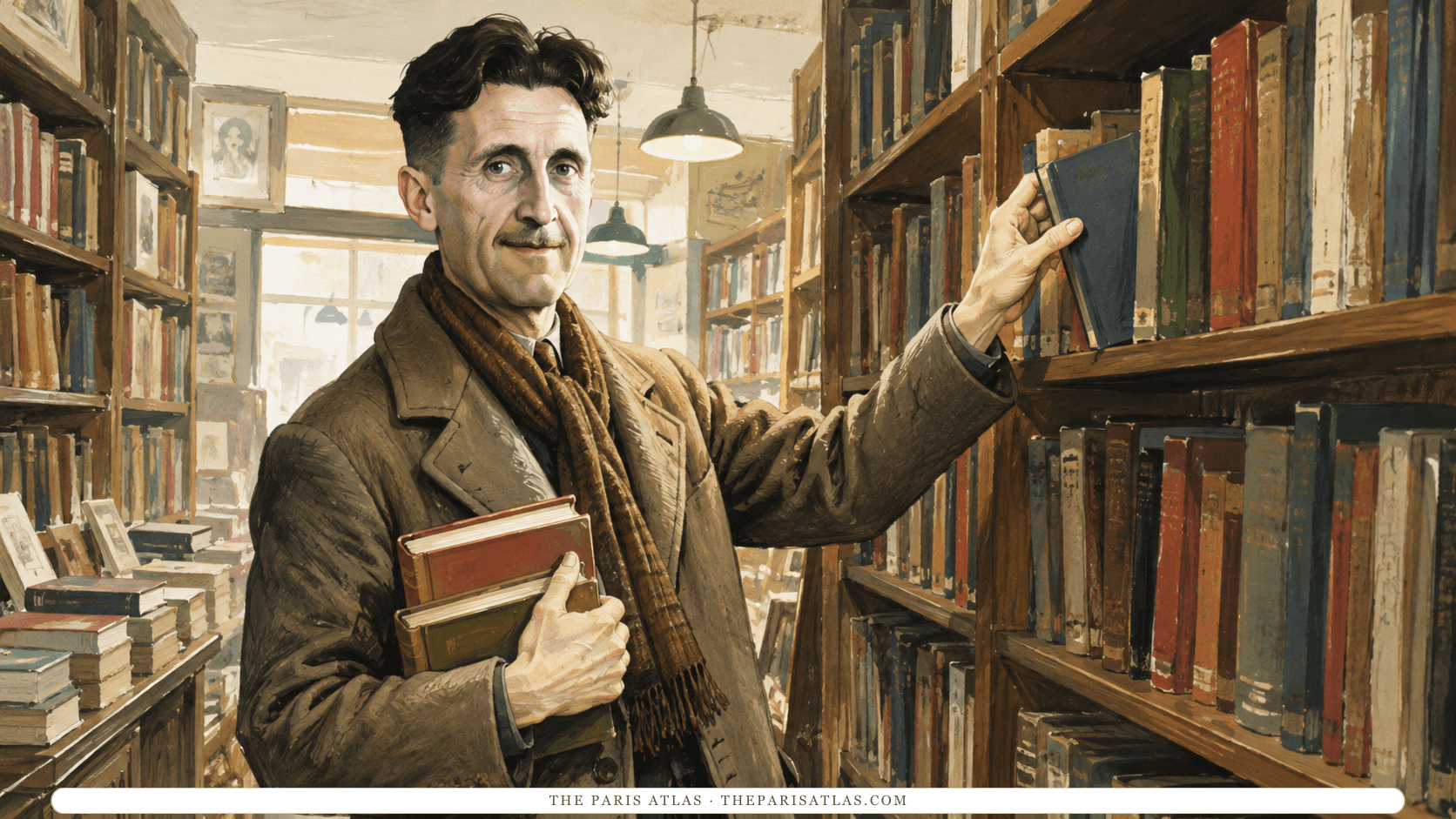 Illustration of George Orwell in a bookshop, reaching for a volume on a high shelf with three books held against his chest.