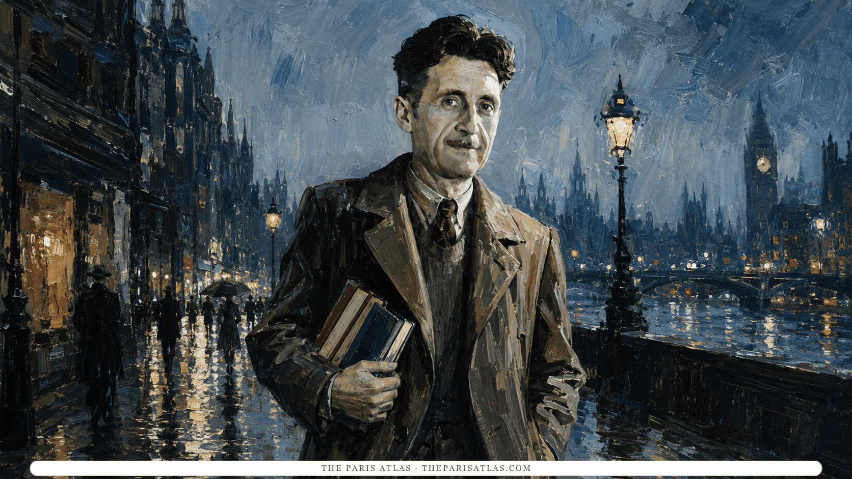 Illustration of George Orwell walking a wet London street at night carrying books, lamplight on the pavement and Big Ben beyond.