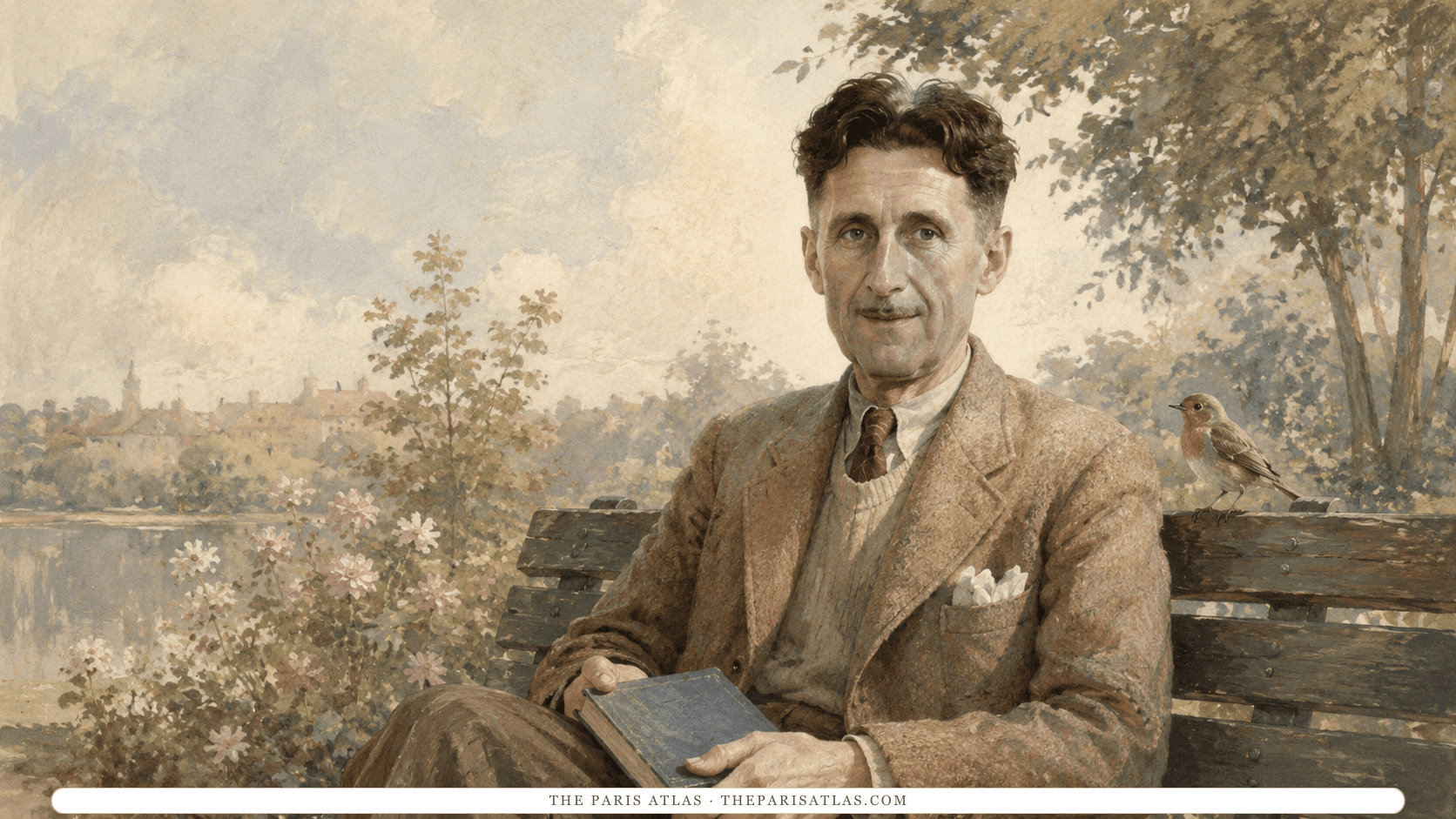 Illustration of George Orwell sitting on a park bench with a closed book on his knee, a robin perched on the arm rest beside him.