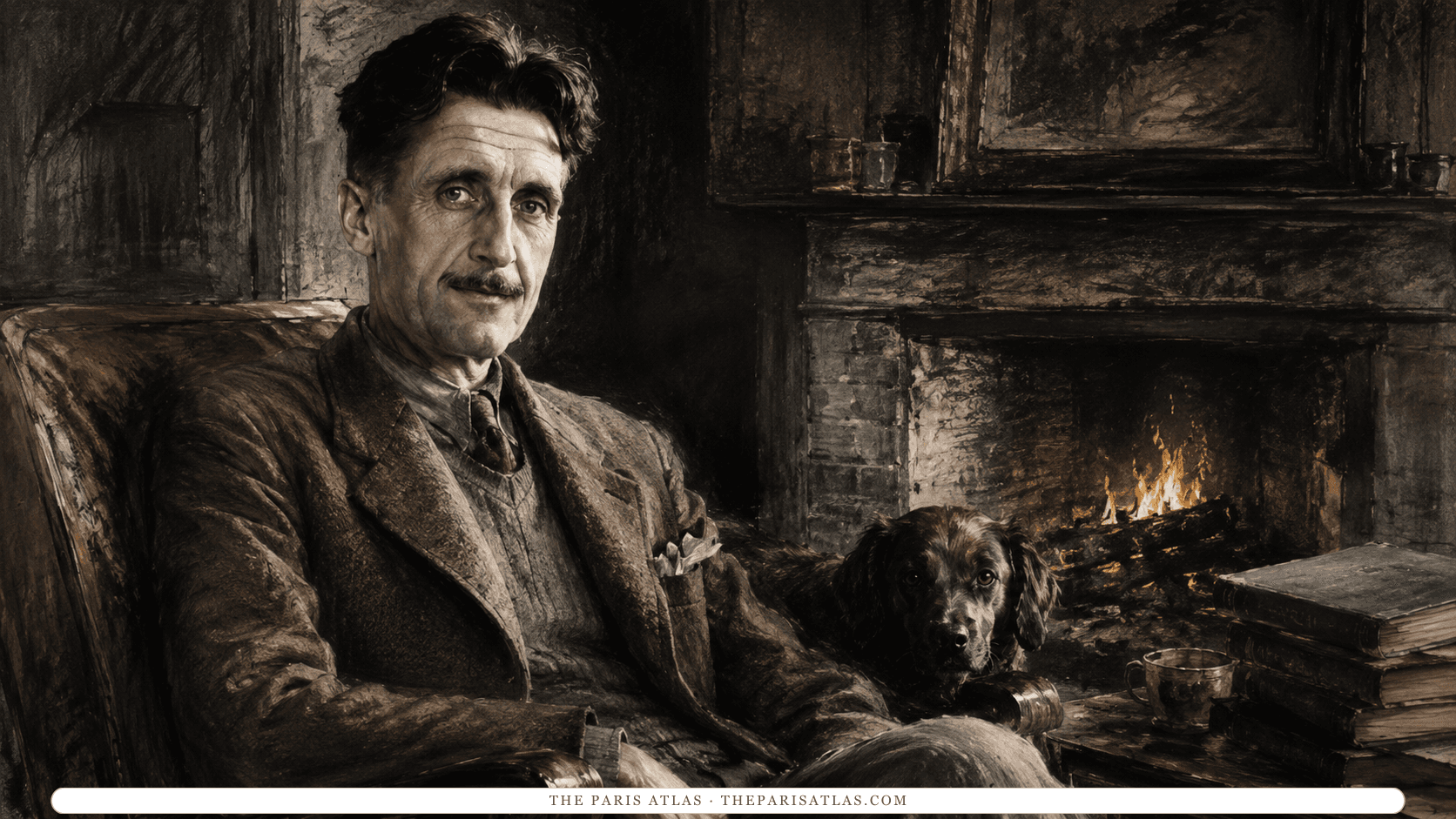 Illustration of George Orwell in an armchair beside a lit fire, a dark spaniel at his feet and books stacked on a side table.