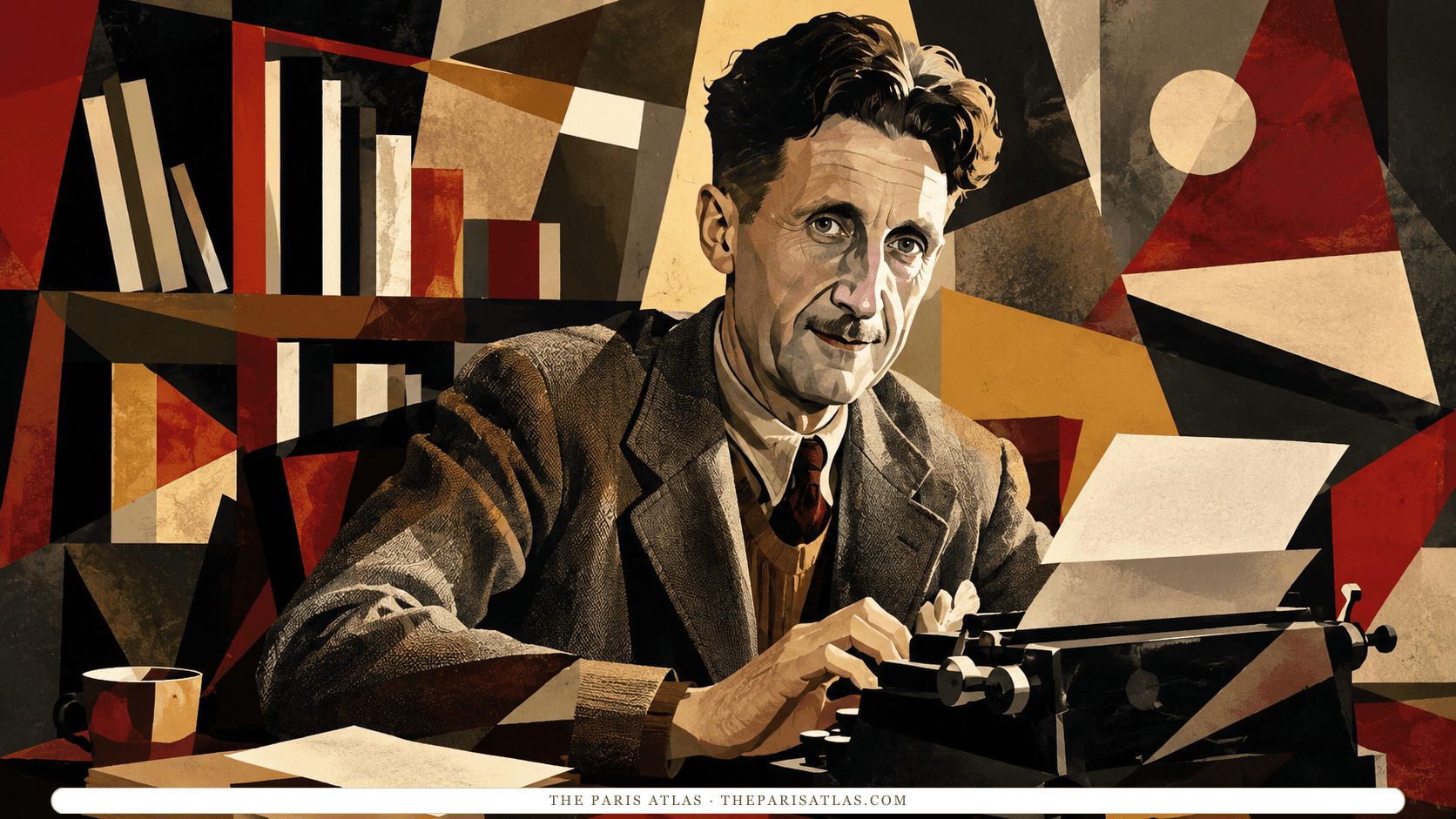 Illustration of George Orwell at a typewriter, rendered in flat angular blocks of red, ochre and black with books stacked behind him.