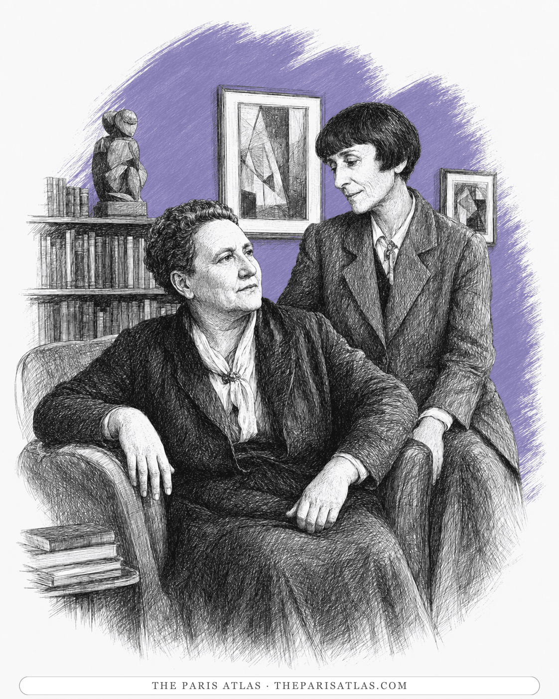 Illustration of Gertrude Stein seated with Alice B. Toklas beside her in the salon