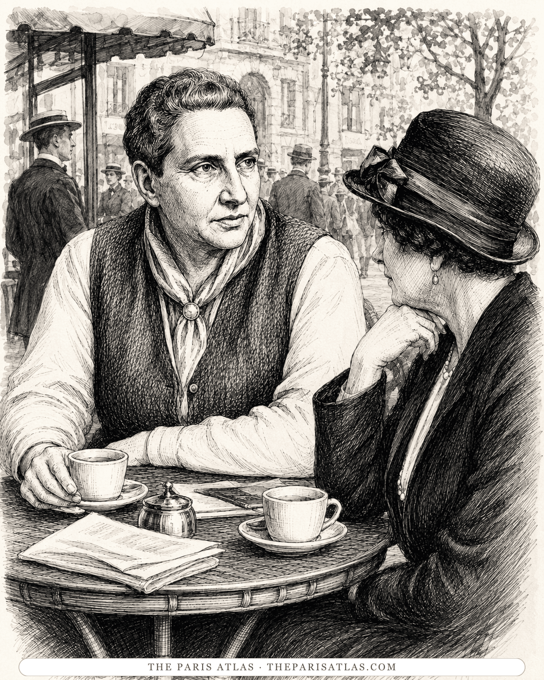 Illustration of Gertrude Stein at a café table in conversation with a woman in a hat
