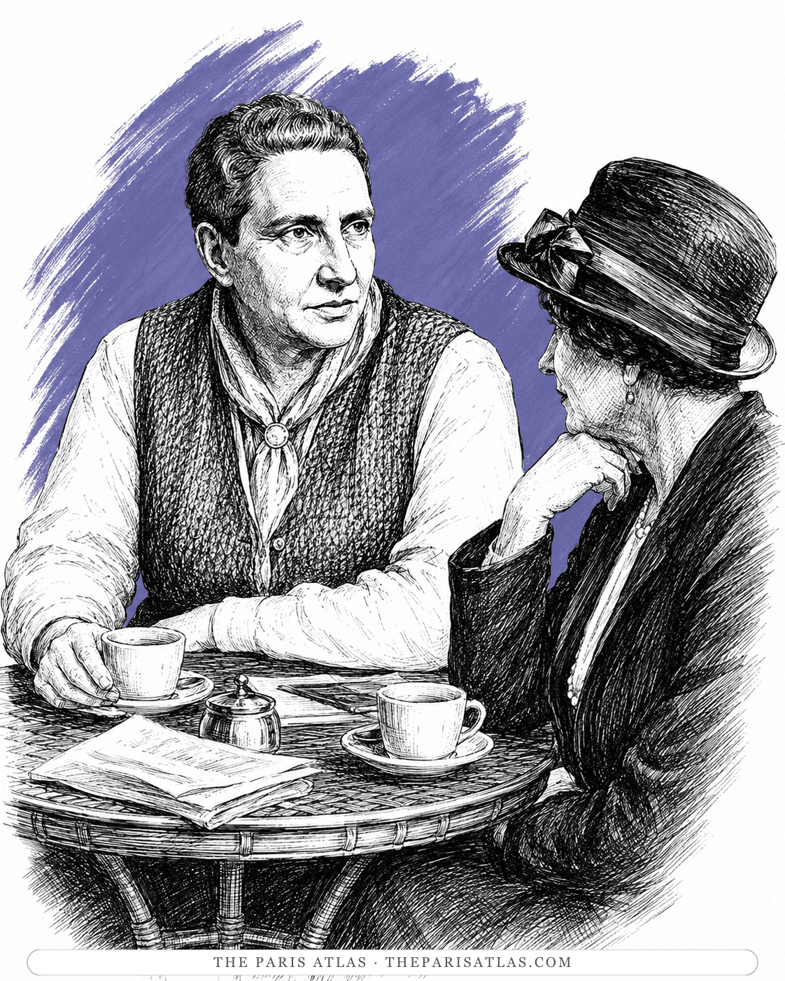 Illustration of Gertrude Stein at a café table in conversation with a woman in a hat