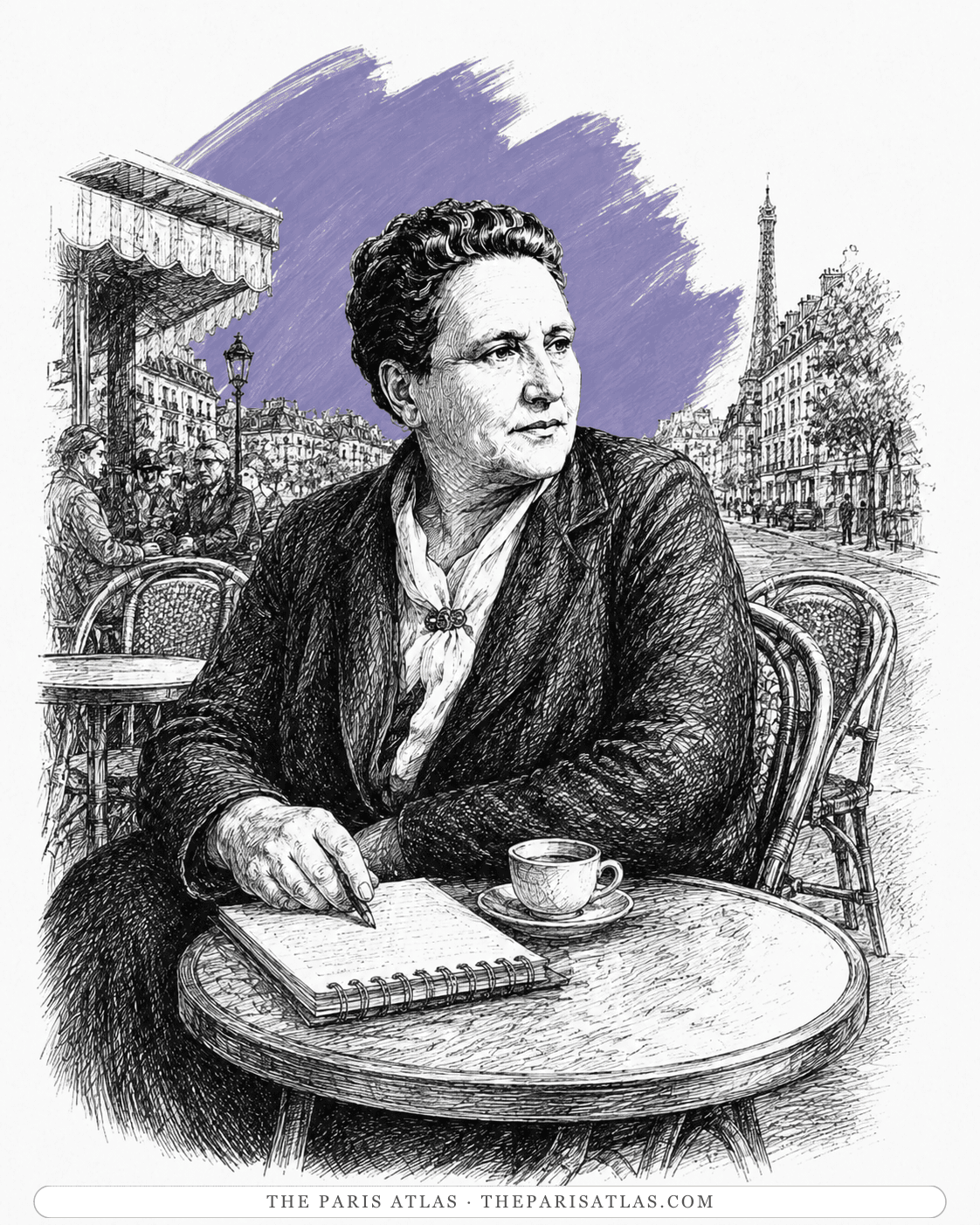 Illustration of Gertrude Stein writing in a notebook at a Paris café terrace