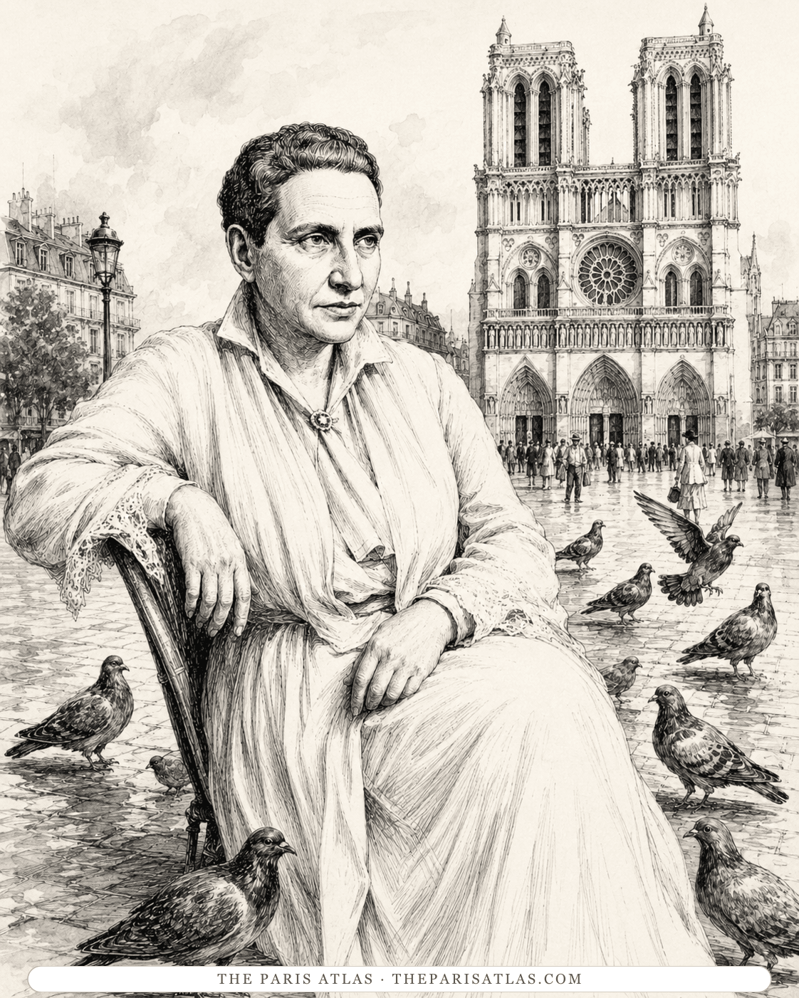 Illustration of Gertrude Stein seated among pigeons with Notre-Dame behind her