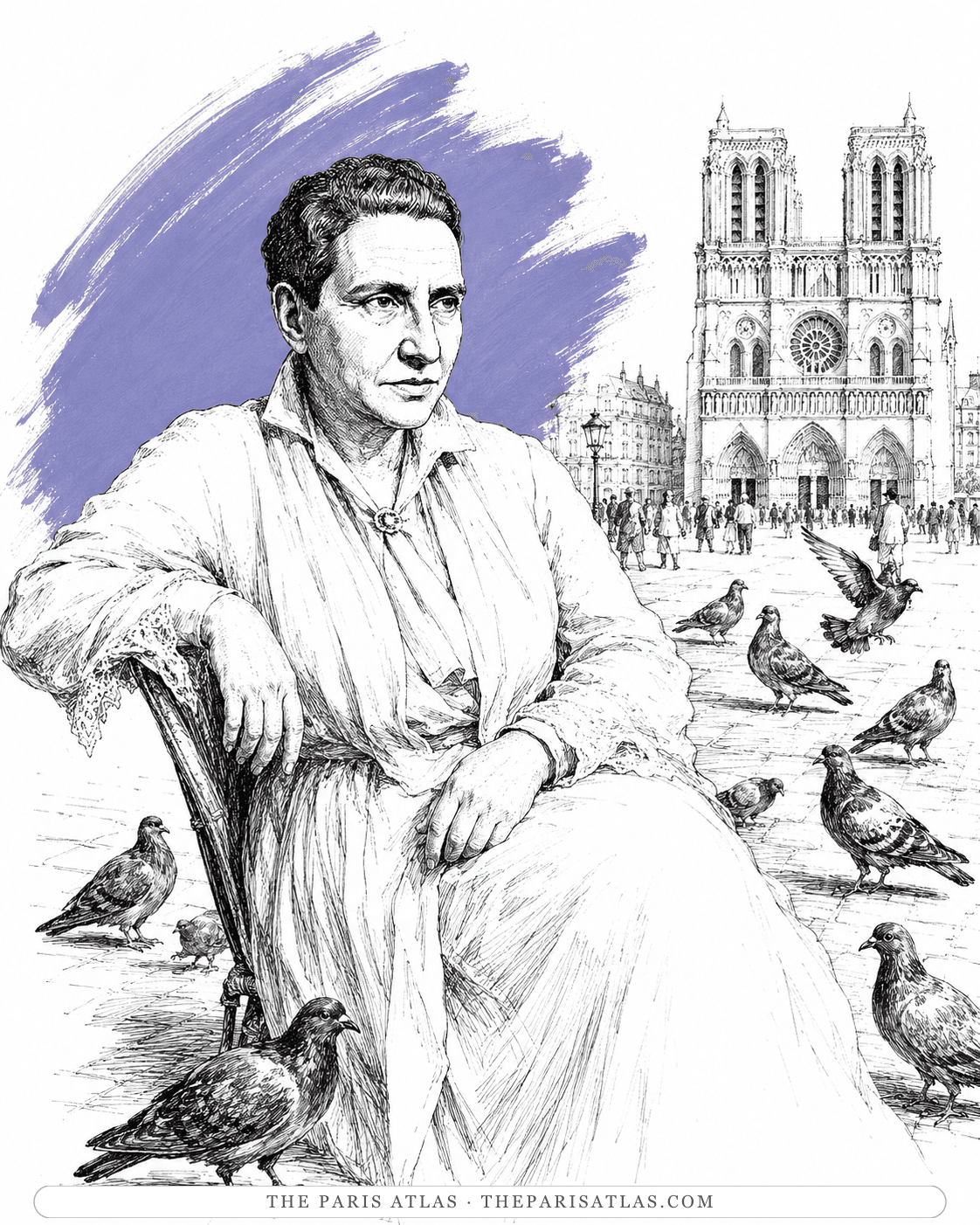 Illustration of Gertrude Stein seated among pigeons with Notre-Dame behind her