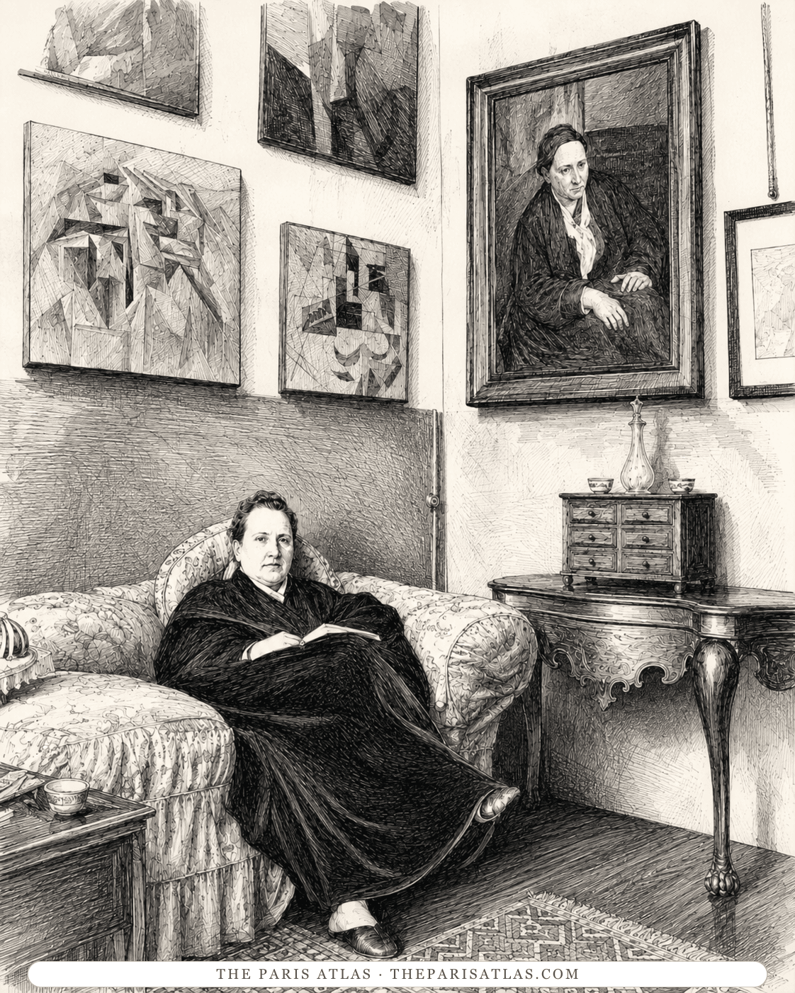 Illustration of Gertrude Stein reading on a sofa below a wall of cubist paintings and her own portrait
