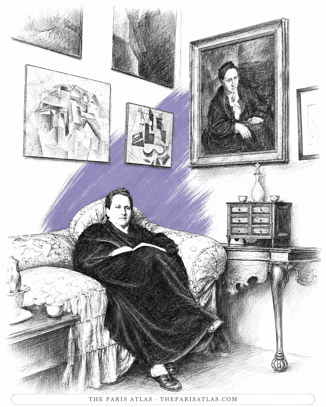 Illustration of Gertrude Stein reading on a sofa below a wall of cubist paintings and her own portrait