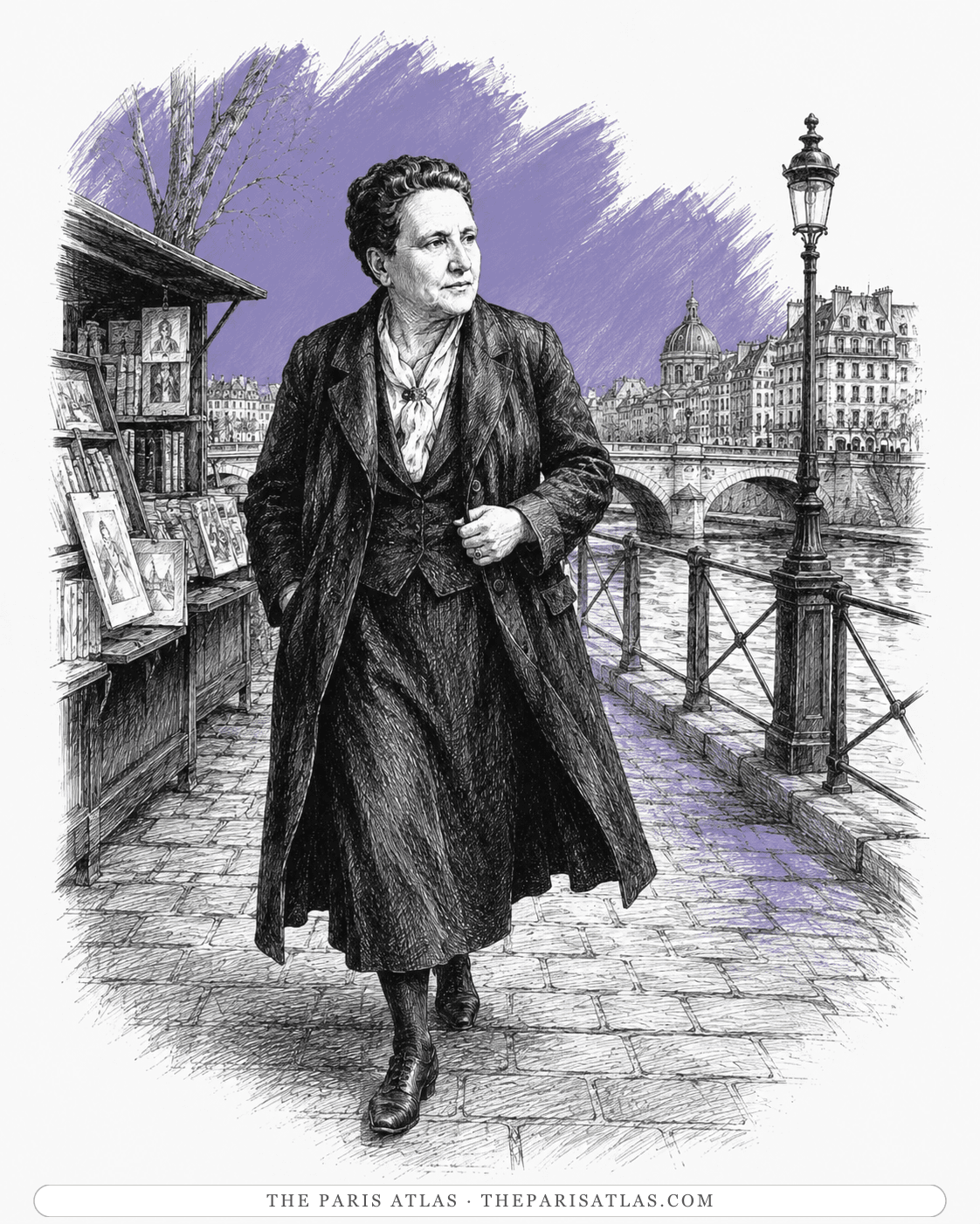 Illustration of Gertrude Stein walking past the Seine bookstalls, a dome behind her
