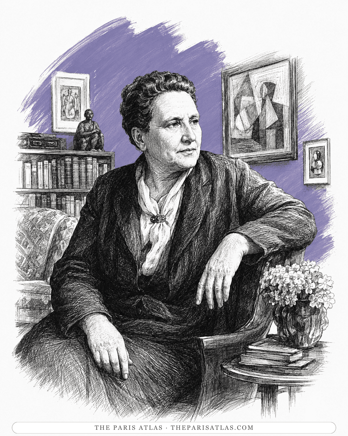 Illustration of Gertrude Stein seated in her salon, its walls hung with modern paintings