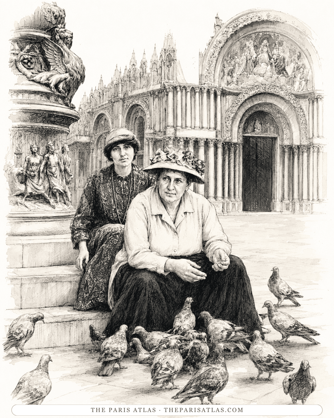 Illustration of Gertrude Stein and Alice B. Toklas seated on steps in St Mark's Square, Venice