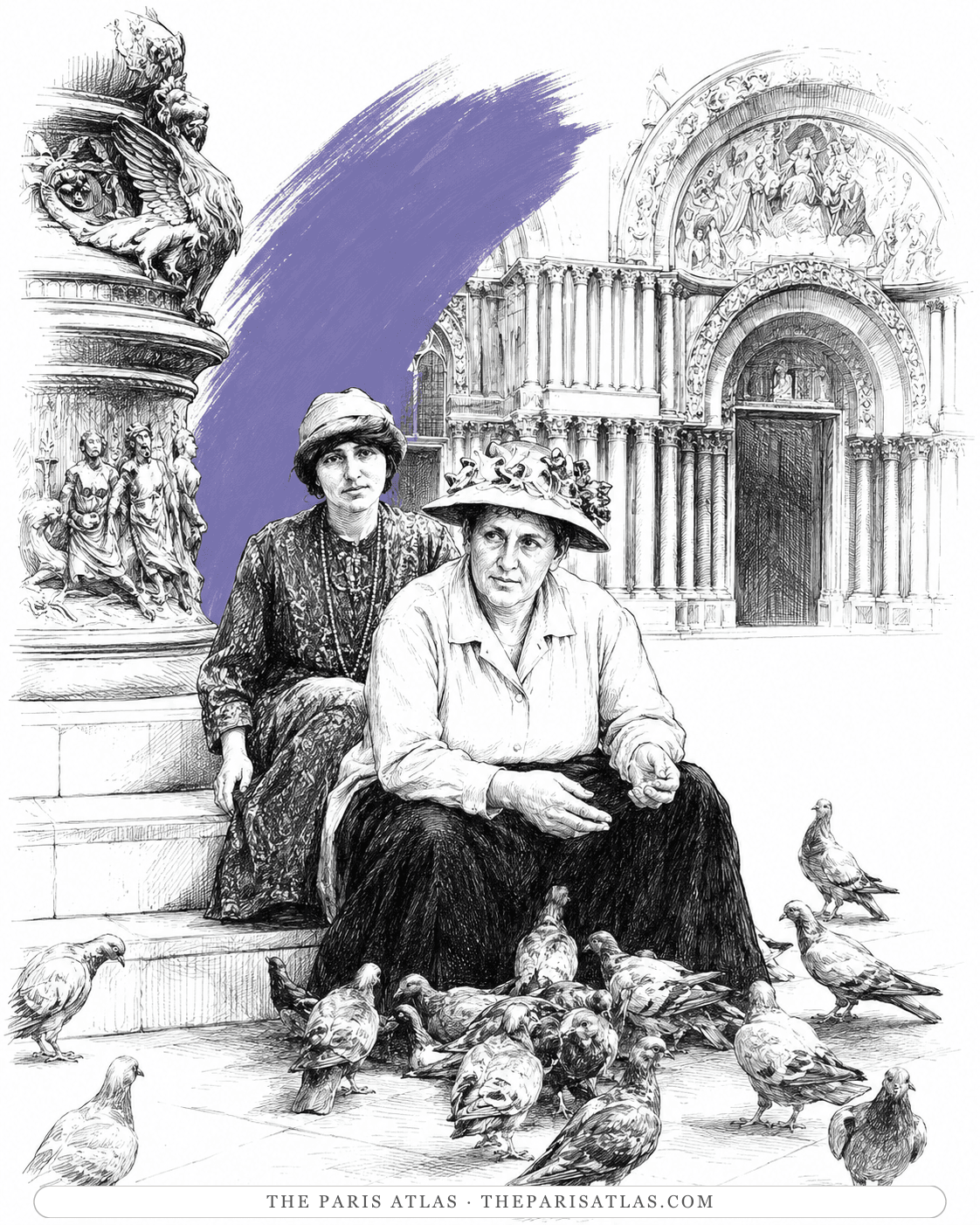 Illustration of Gertrude Stein and Alice B. Toklas seated on steps in St Mark's Square, Venice, among pigeons