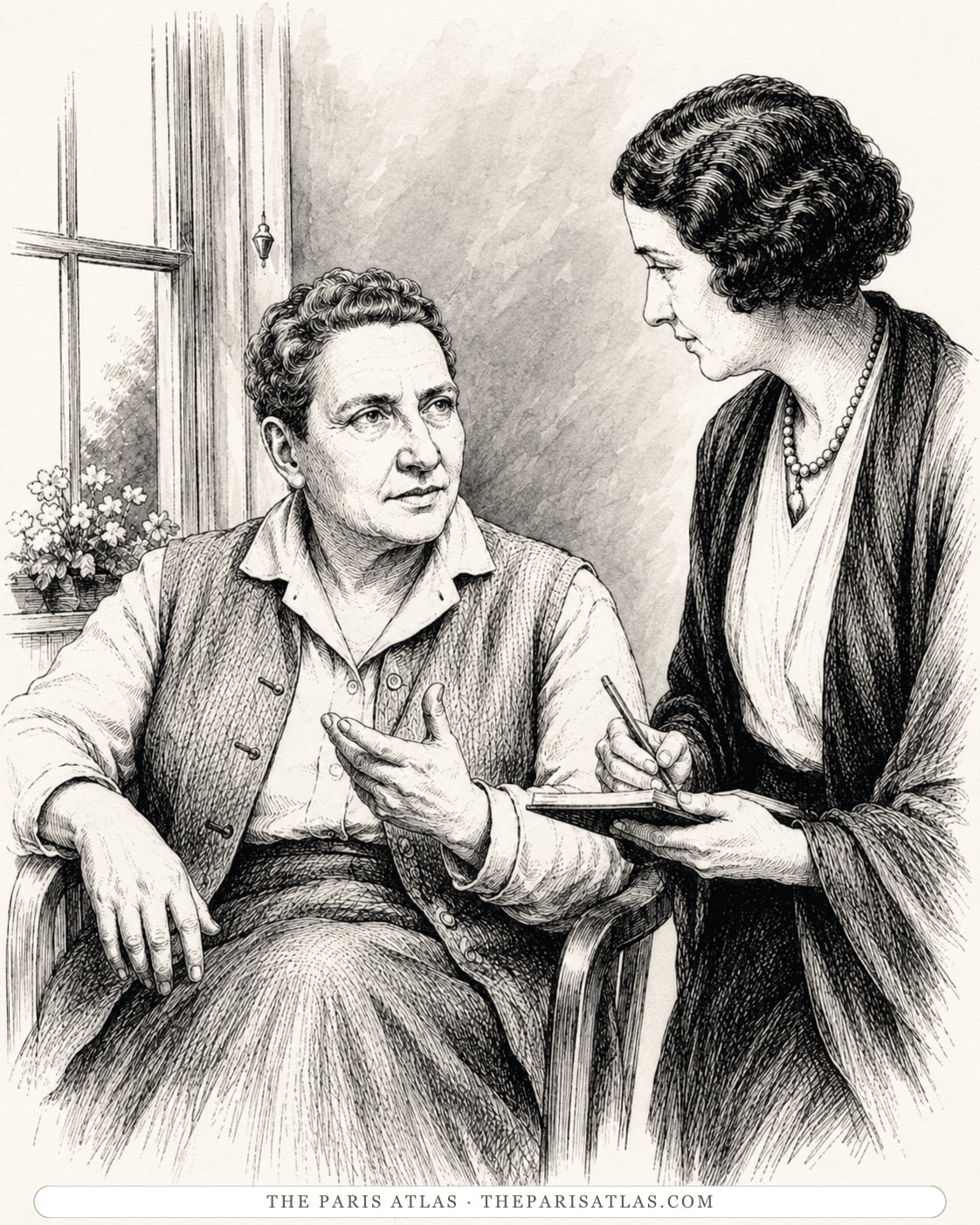 Illustration of Gertrude Stein talking while a standing woman takes notes