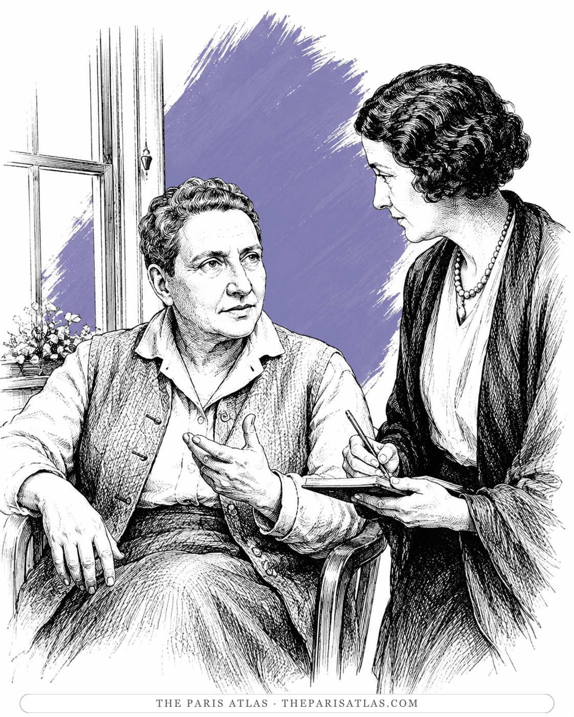 Illustration of Gertrude Stein talking while a standing woman takes notes