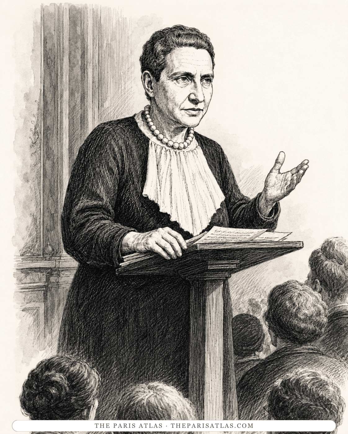 Illustration of Gertrude Stein speaking from a lectern to a seated audience