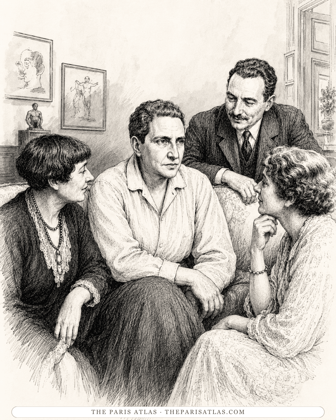 Illustration of Gertrude Stein seated among three guests in a room hung with modern pictures
