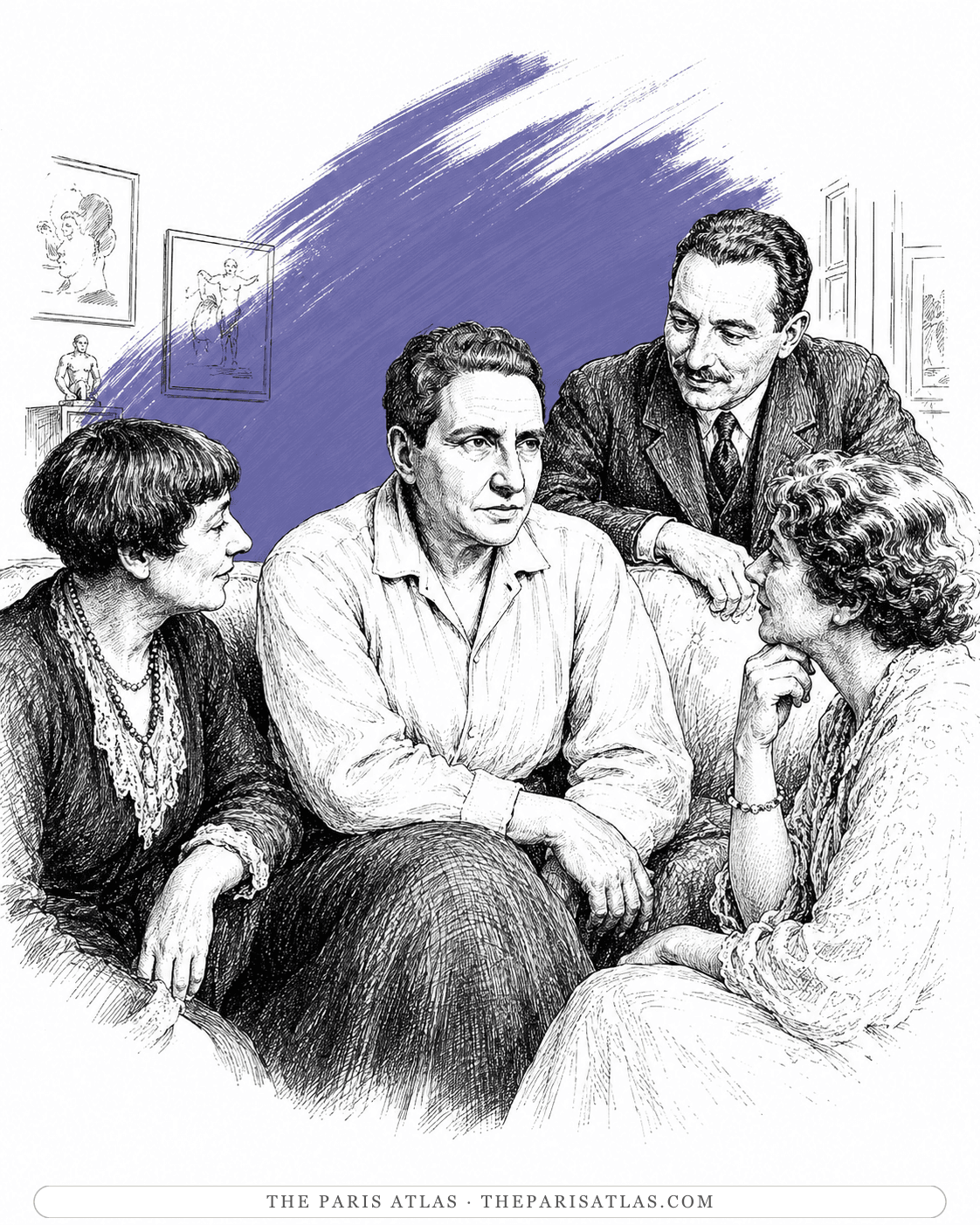 Illustration of Gertrude Stein seated among three guests in a room hung with modern pictures