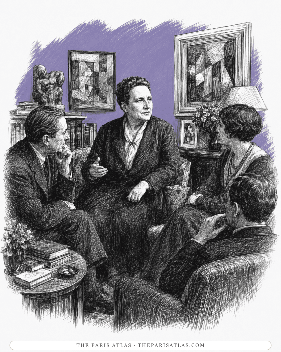 Illustration of Gertrude Stein in conversation with guests at her salon