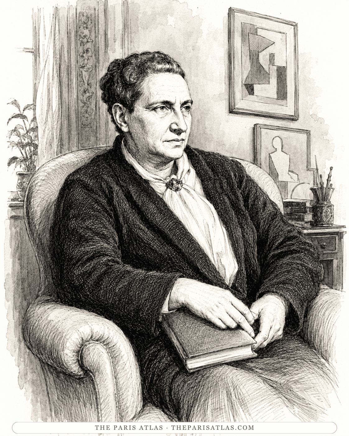 Illustration of Gertrude Stein in an armchair with a book closed on her lap