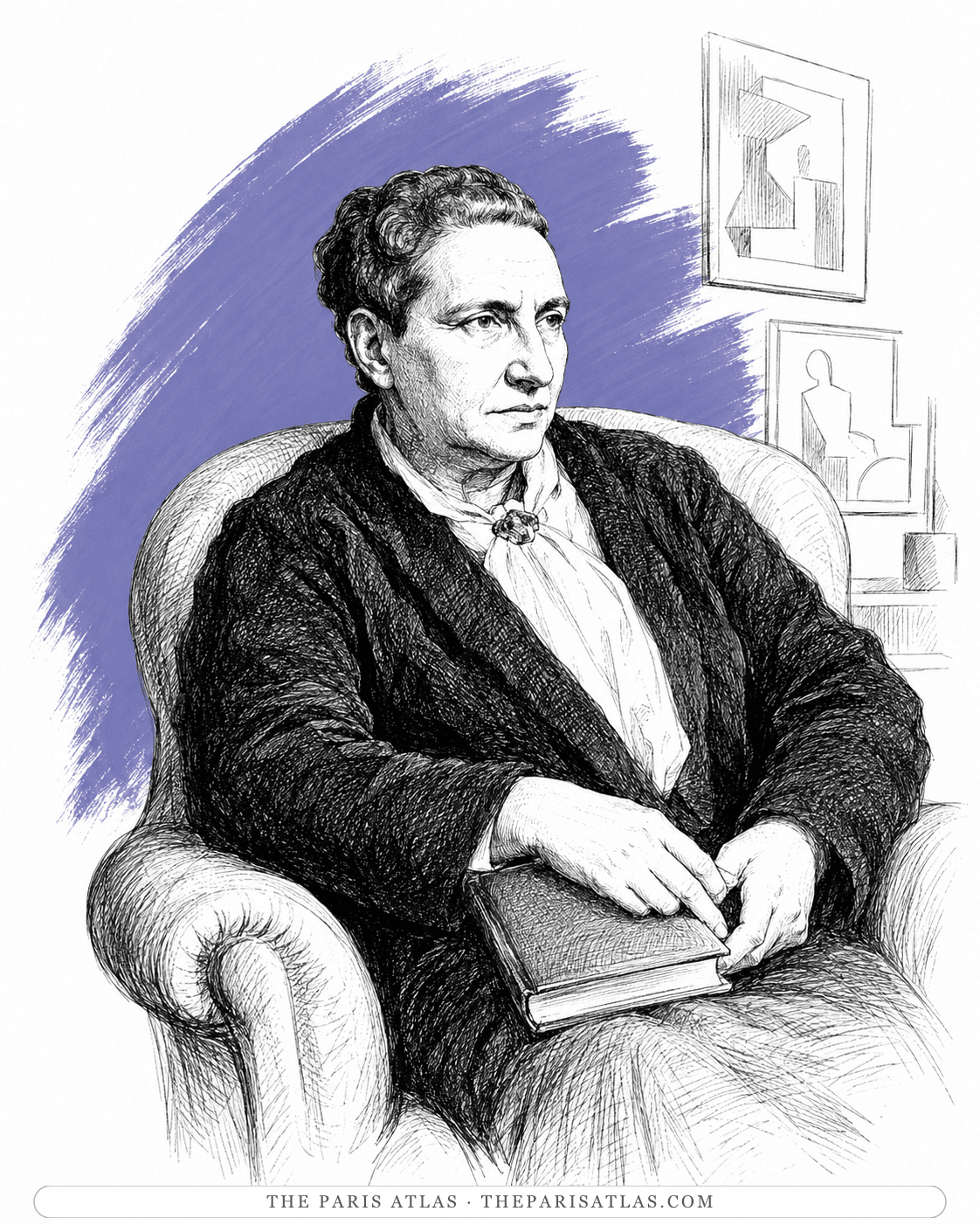 Illustration of Gertrude Stein in an armchair with a book closed on her lap, modern pictures behind her