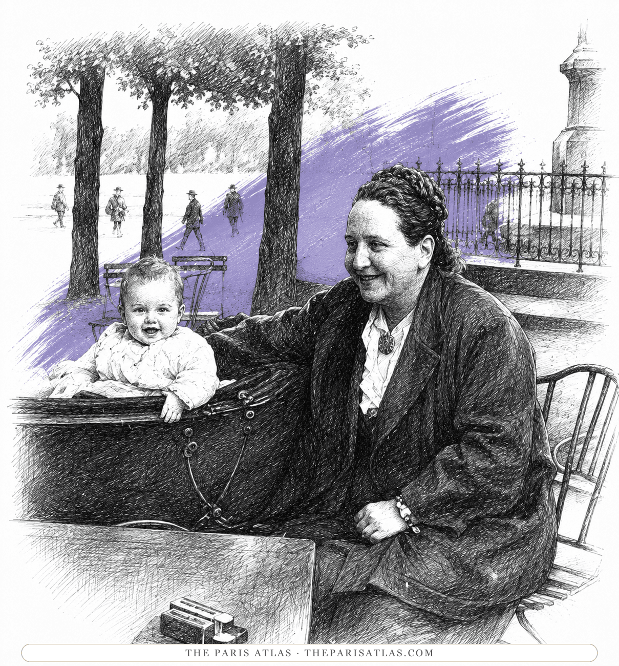 Illustration of Gertrude Stein beside a baby carriage in a Paris park, a child sitting up in it