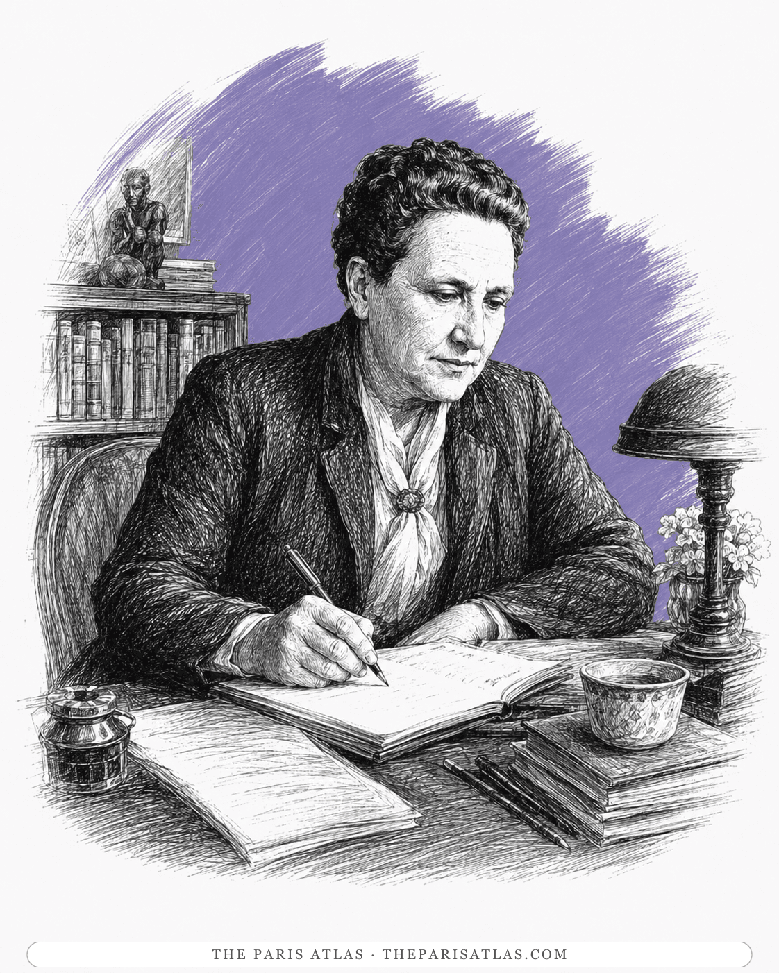 Illustration of Gertrude Stein writing at her desk by lamplight
