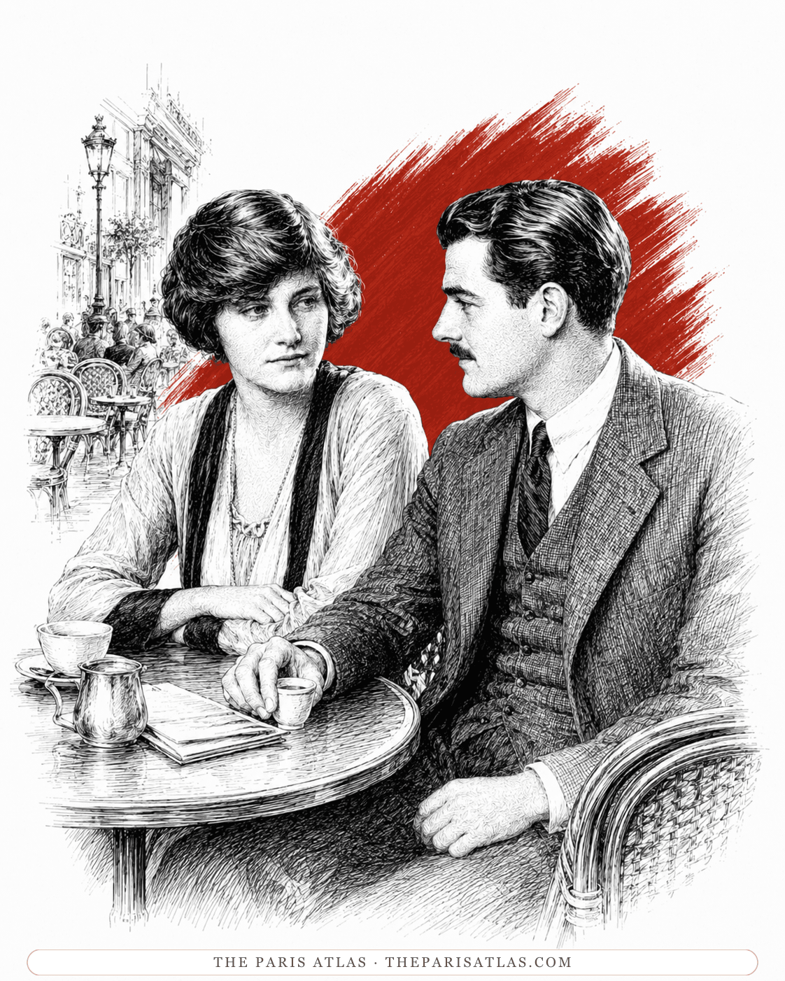 Illustration of Hadley and Ernest Hemingway at a café table