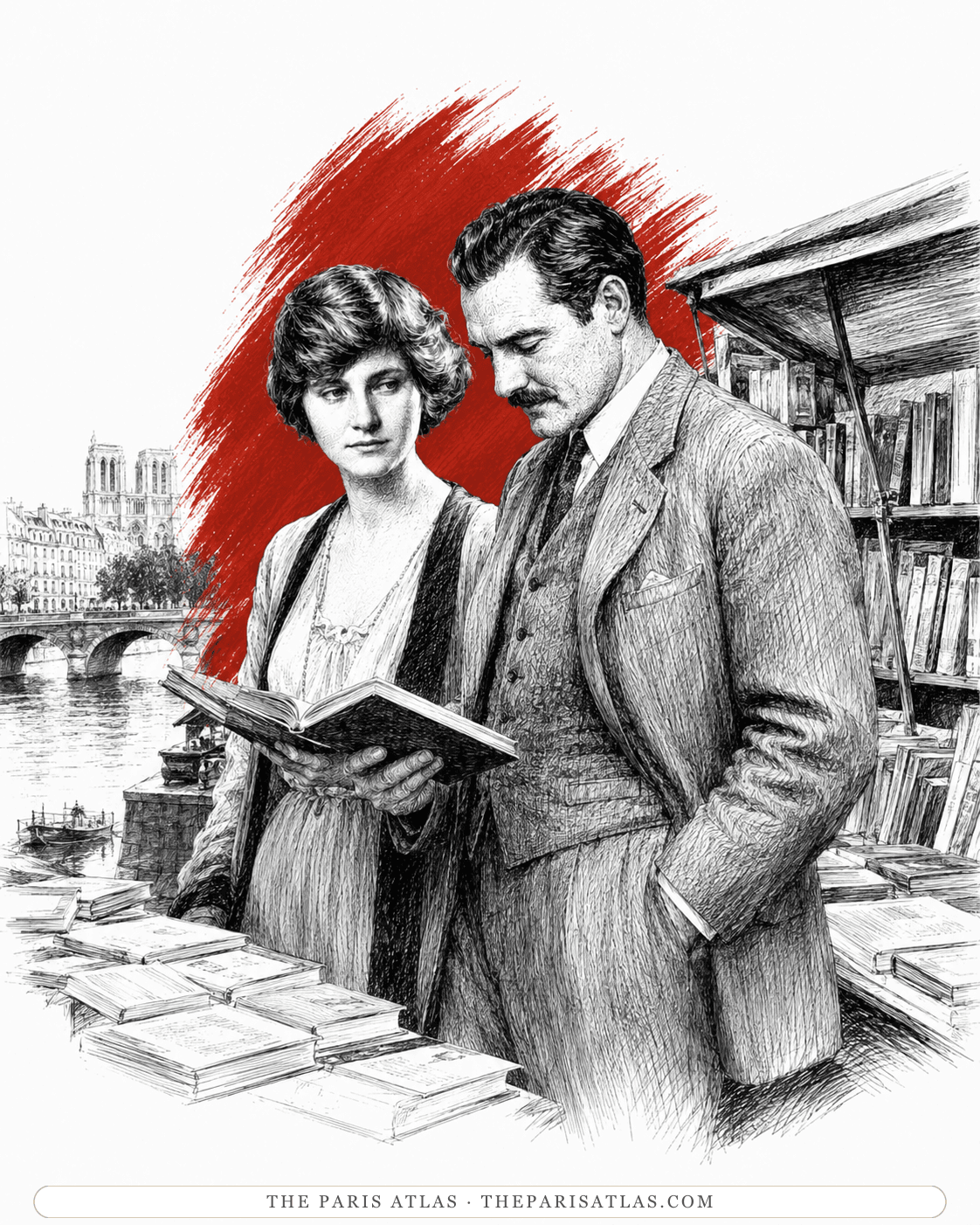 Illustration of Hadley and Ernest Hemingway reading at the Seine bookstalls