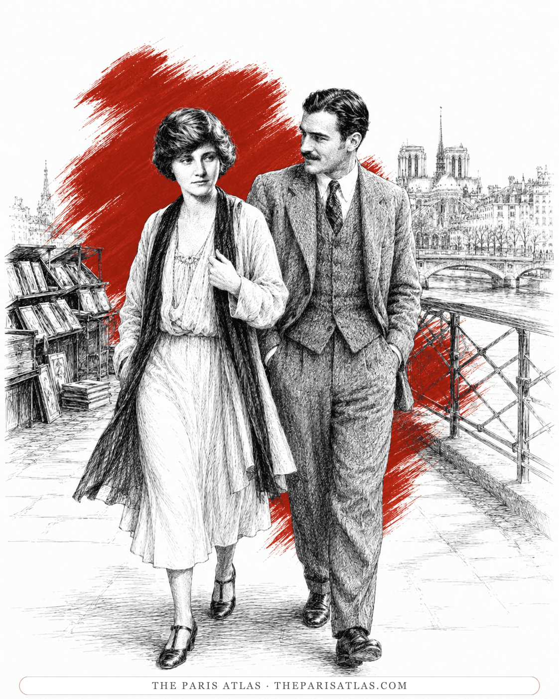 Illustration of Hadley and Ernest Hemingway walking arm in arm by the Seine