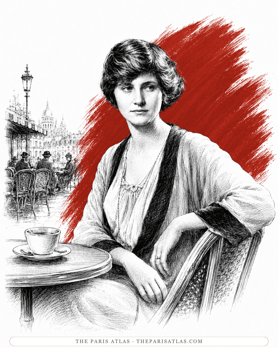 Illustration of Hadley Richardson seated alone at a Paris café table