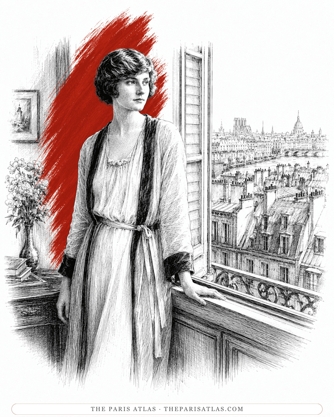 Illustration of Hadley Richardson at a window over the Paris rooftops