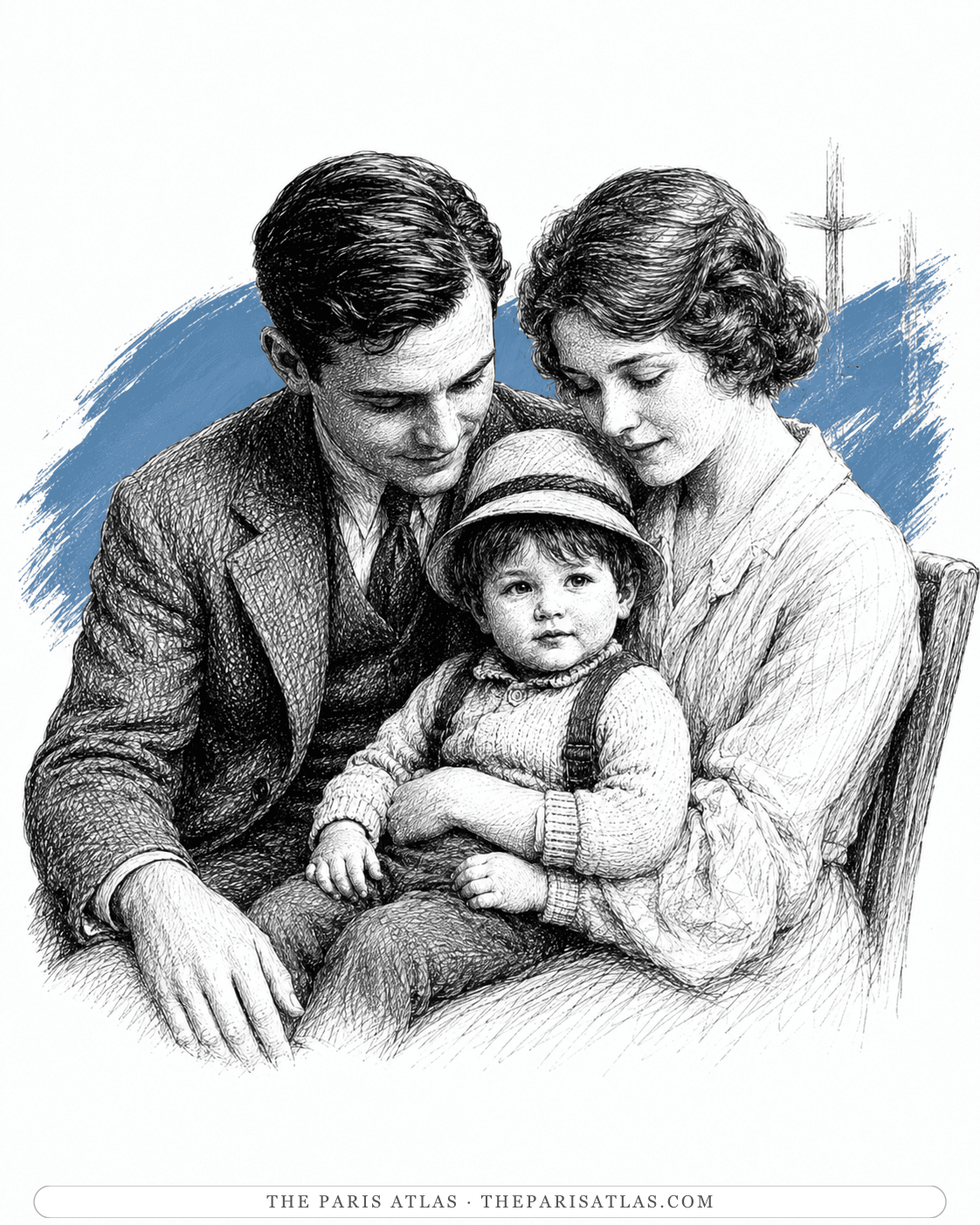 Illustration of Ernest and Hadley Hemingway with the infant Bumby in Paris