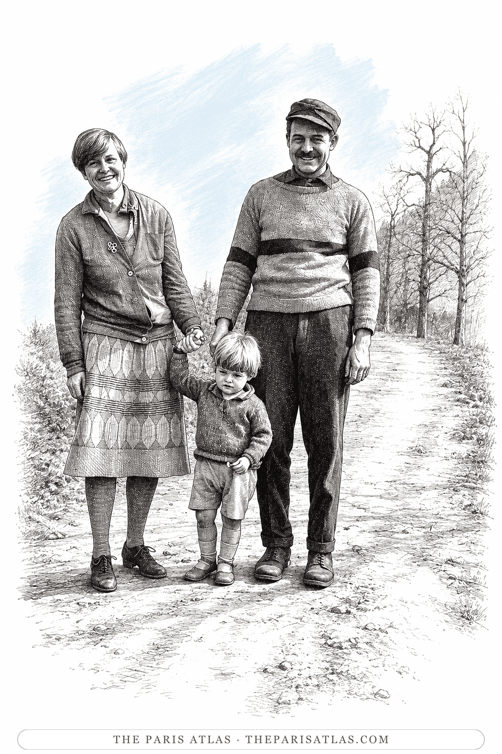 Illustration of the young Bumby walking between his parents on a country path