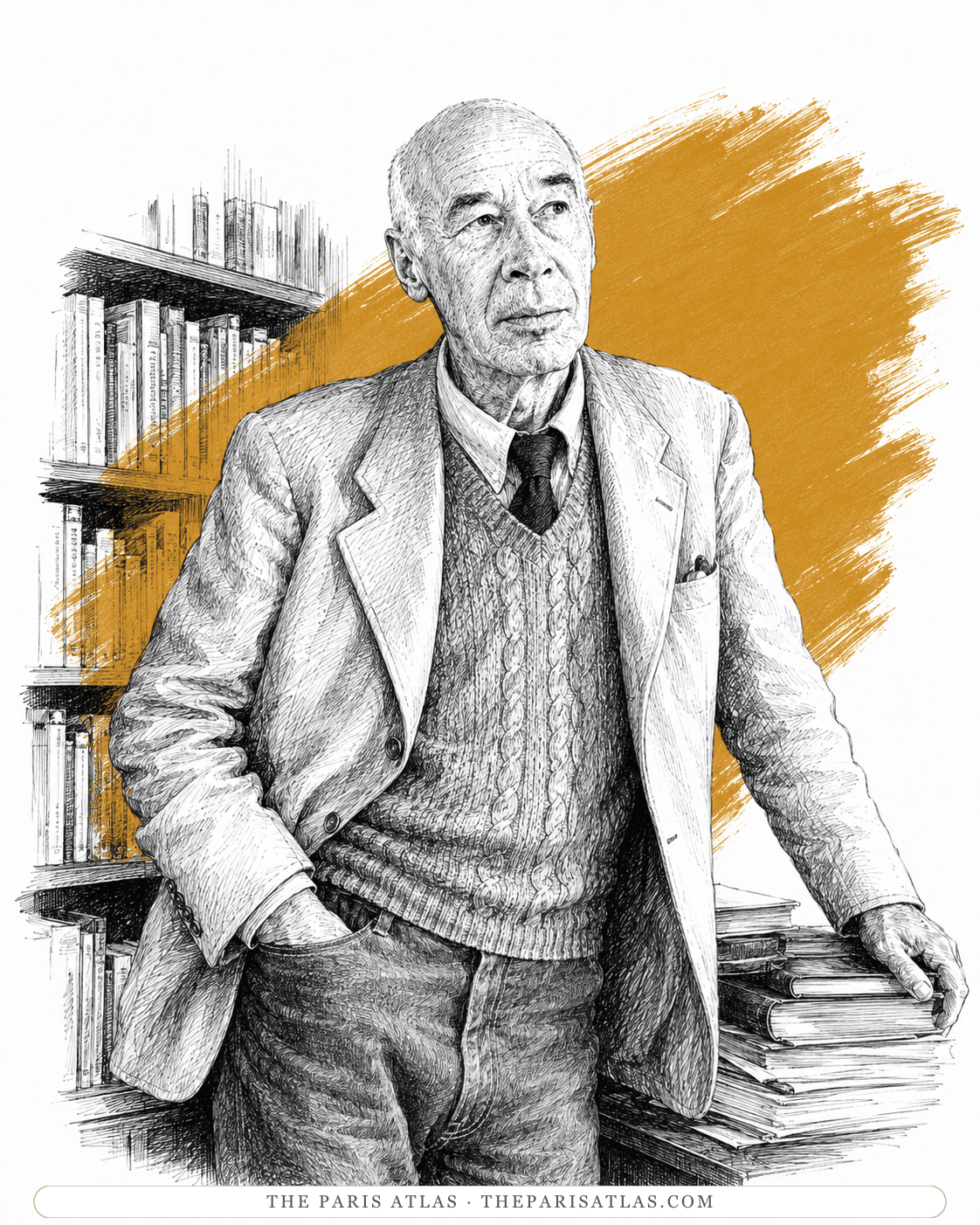 Illustration of Henry Miller standing before a bookshelf, one hand resting on a stack of books.