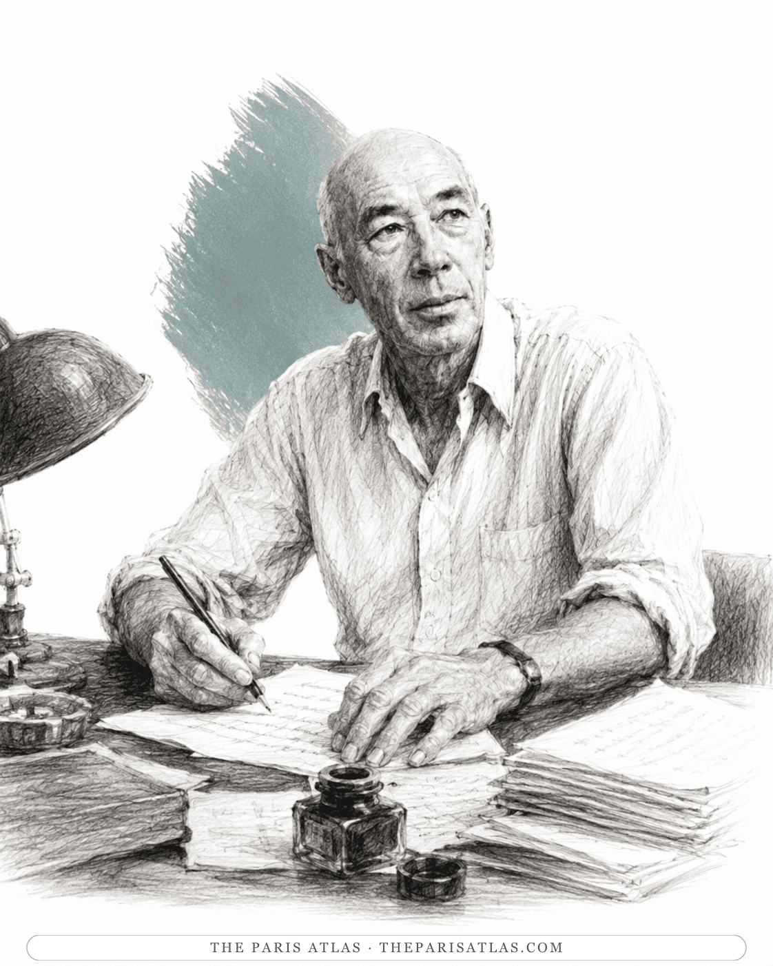 Pencil illustration of Henry Miller writing at a desk under a lamp, an inkwell in front of him.